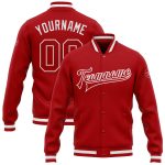 Personalized Red Red-White Bomber Full-Snap Varsity Letterman Jacket Team Custom Name and Number