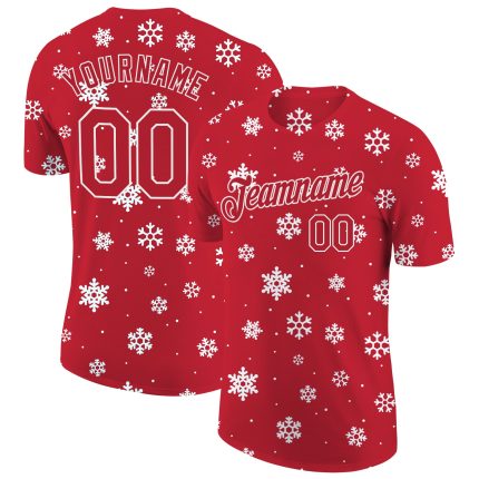 Personalized Red Red-White Christmas 3D Performance T-Shirt Team Custom Name and Number