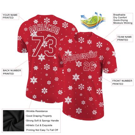 Personalized Red Red-White Christmas 3D Performance T-Shirt Team Custom Name and Number