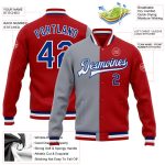 Personalized Red Royal-Gray Bomber Full-Snap Varsity Letterman Split Fashion Jacket Team Custom Name and Number