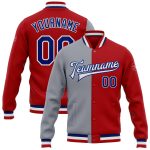 Personalized Red Royal-Gray Bomber Full-Snap Varsity Letterman Split Fashion Jacket Team Custom Name and Number