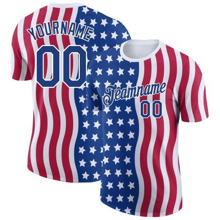 Personalized Red Royal-White 3D American Flag Patriotic Performance T-Shirt Team Custom Name and Number