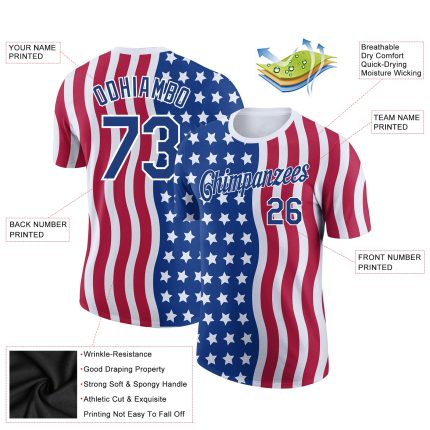 Personalized Red Royal-White 3D American Flag Patriotic Performance T-Shirt Team Custom Name and Number