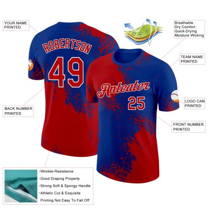 Personalized Red Royal-White 3D Pattern Design Abstract Brush Stroke Performance T-Shirt Team Custom Name and Number