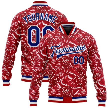Personalized Red Royal-White 3D Pattern Design Bomber Full-Snap Varsity Letterman Jacket Team Custom Name and Number