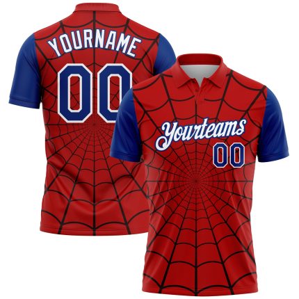 Personalized Red Royal-White 3D Pattern Design Spider Web Performance Golf Polo Shirt Team Custom Name and Number