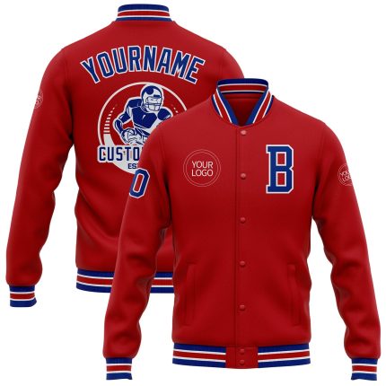 Personalized Red Royal-White Bomber Full-Snap Varsity Letterman Jacket