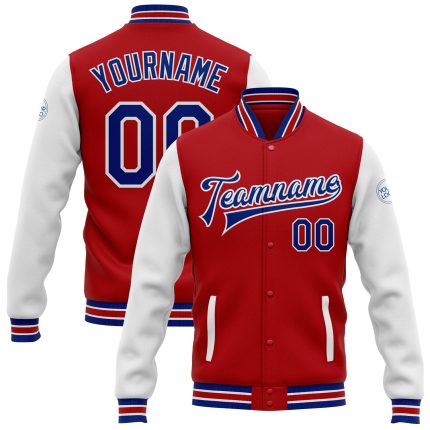 Personalized Red Royal-White Bomber Full-Snap Varsity Letterman Two Tone Jacket