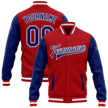 Personalized Red Royal-White Bomber Full-Snap Varsity Letterman Two Tone Jacket Team Custom Name and Number