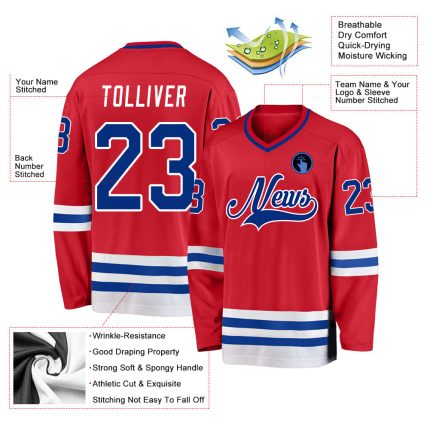 Personalized Red Royal-White Hockey Jersey Team Custom Name and Number