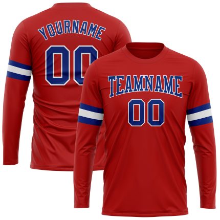 Personalized Red Royal-White Long Sleeve Performance T-Shirt Team Custom Name and Number