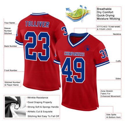 Personalized Red Royal-White Mesh Authentic Throwback Football Jersey Team Custom Name and Number