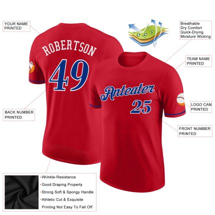 Personalized Red Royal-White Performance T-Shirt Team Custom Name and Number