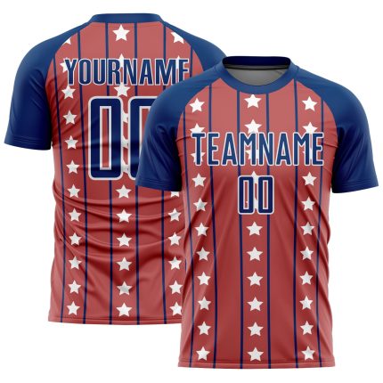 Personalized Red Royal-White Stars And Stripes Sublimation Soccer Uniform Jersey Team Custom Name and Number