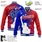Personalized Red Royal-White Statue of Liberty 3D Pattern Design Bomber Full-Snap Varsity Letterman Jacket Team Custom Name and Number