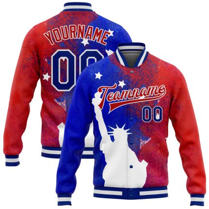 Personalized Red Royal-White Statue of Liberty 3D Pattern Design Bomber Full-Snap Varsity Letterman Jacket Team Custom Name and Number