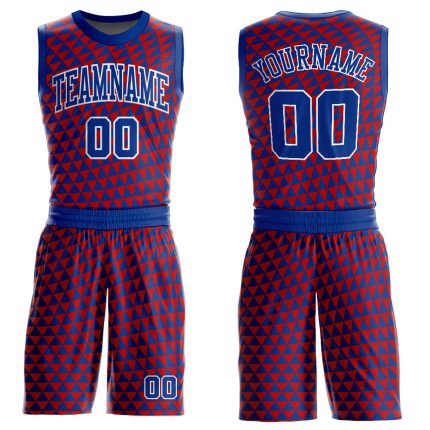 Personalized Red Royal-White Triangle Shapes Round Neck Sublimation Basketball Suit Jersey Team Custom Name and Number