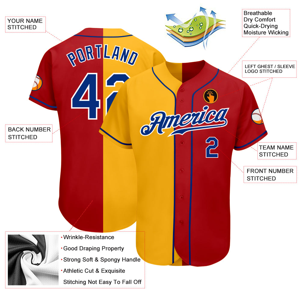 Personalized Red Royal-Yellow Authentic Split Fashion Baseball Jersey Team Custom Name and Number Personalized Red Royal-Yellow Authentic Split Fashion Baseball Jersey Team Custom Name and Number - Image 3