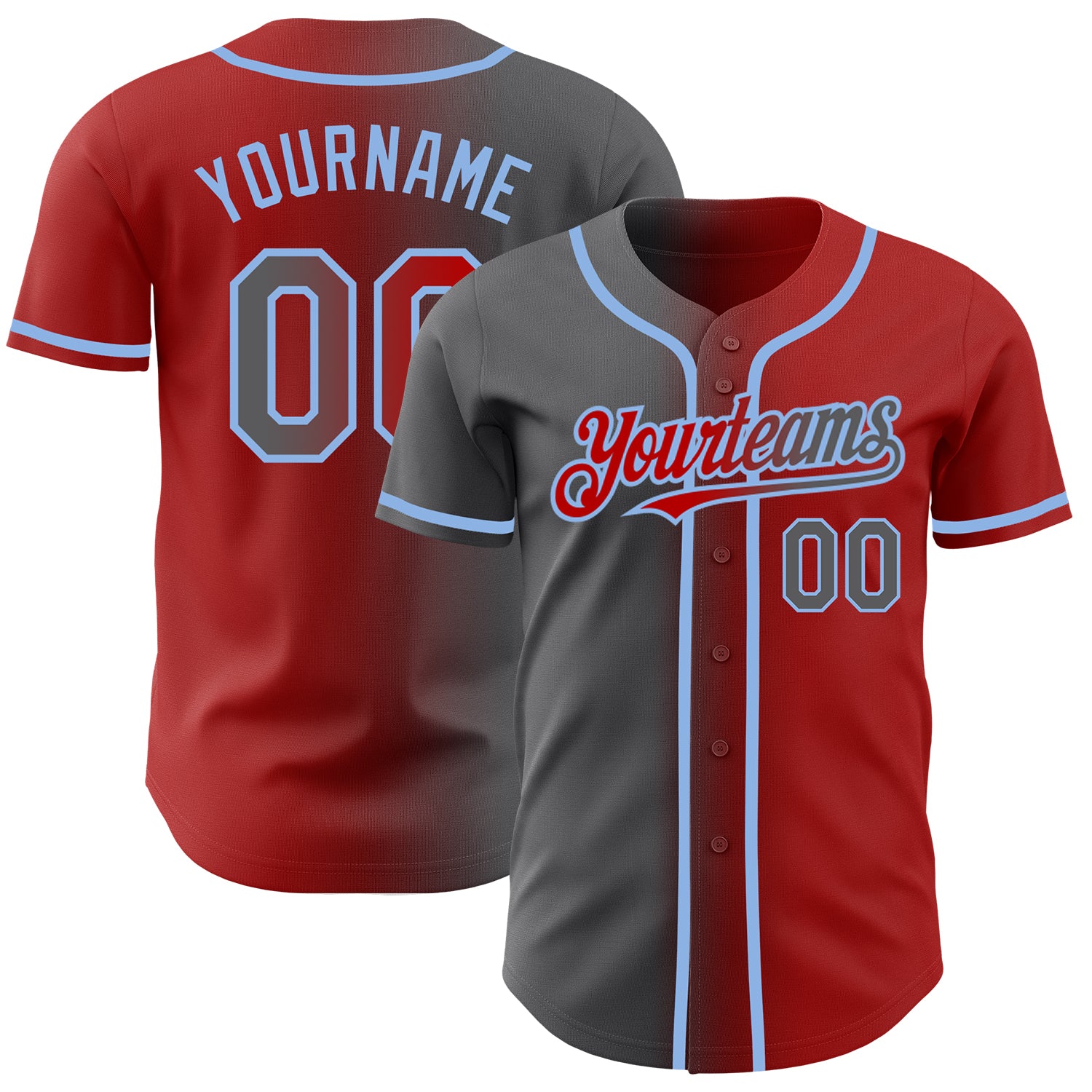 Personalized Red Steel Gray-Light Blue Authentic Gradient Fashion Baseball Jersey Team Custom Name and Number