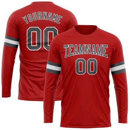 Personalized Red Steel Gray-White Long Sleeve Performance T-Shirt Team Custom Name and Number