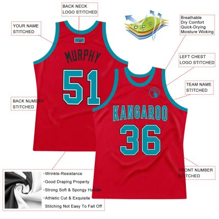 Personalized Red Teal-Black Authentic Throwback Basketball Jersey Team Custom Name and Number