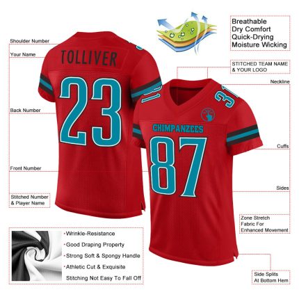 Personalized Red Teal-Black Mesh Authentic Football Jersey Team Custom Name and Number