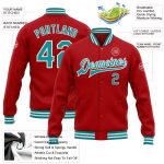 Personalized Red Teal-White Bomber Full-Snap Varsity Letterman Jacket Team Custom Name and Number
