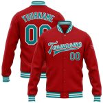 Personalized Red Teal-White Bomber Full-Snap Varsity Letterman Jacket Team Custom Name and Number