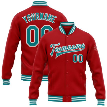 Personalized Red Teal-White Bomber Full-Snap Varsity Letterman Jacket Team Custom Name and Number