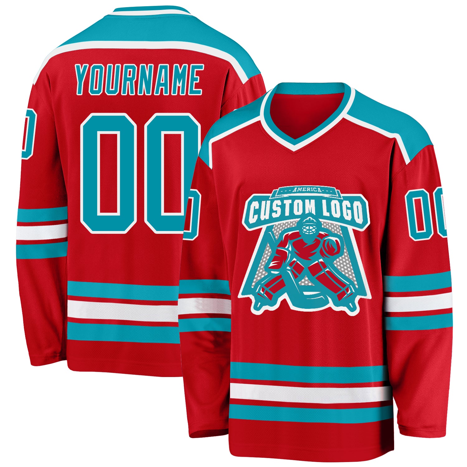 Personalized Red Teal-White Hockey Jersey Team Custom Name and Number