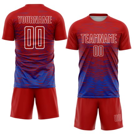 Personalized Red Thunder Blue-White Line Sublimation Soccer Uniform Jersey Team Custom Name and Number