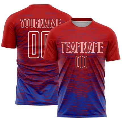Personalized Red Thunder Blue-White Line Sublimation Soccer Uniform Jersey Team Custom Name and Number