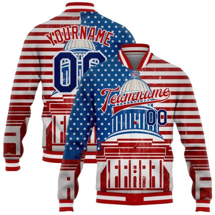 Personalized Red US Navy Blue-Royal American Flag Fashion United States Congress Building 3D Pattern Design Bomber Full-Snap Varsity Letterman Jacket
