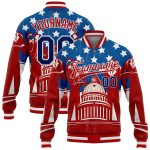 Personalized Red US Navy Blue-Royal American Flag Fashion United States Congress Building 3D Pattern Design Bomber Full-Snap Varsity Letterman Jacket Team Custom Name and Number