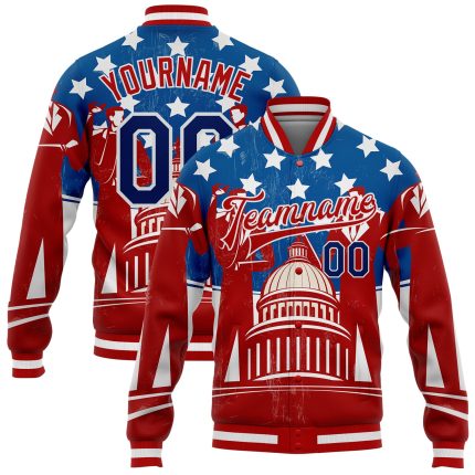 Personalized Red US Navy Blue-Royal American Flag Fashion United States Congress Building 3D Pattern Design Bomber Full-Snap Varsity Letterman Jacket Team Custom Name and Number