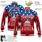 Personalized Red US Navy Blue-Royal American Flag Fashion United States Congress Building 3D Pattern Design Bomber Full-Snap Varsity Letterman Jacket Team Custom Name and Number