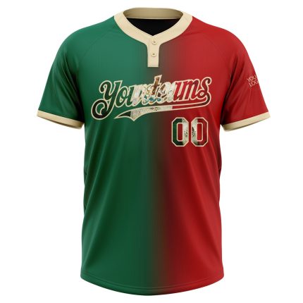 Personalized Red Vintage Mexican Flag Kelly Green-City Cream Gradient Fashion Two-Button Unisex Softball Jersey Team Custom Name and Number