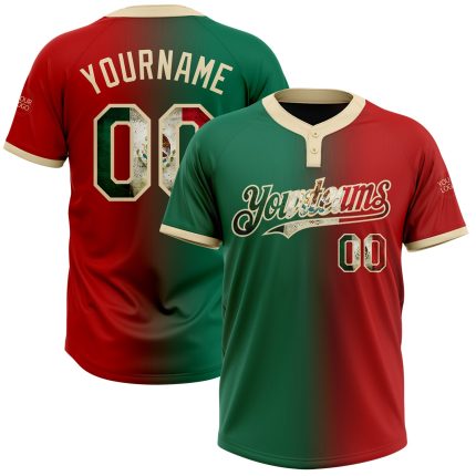 Personalized Red Vintage Mexican Flag Kelly Green-City Cream Gradient Fashion Two-Button Unisex Softball Jersey Team Custom Name and Number