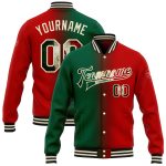 Personalized Red Vintage Mexican Flag Kelly Green Cream-Black Bomber Full-Snap Varsity Letterman Gradient Fashion Jacket Team Custom Name and Number