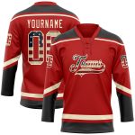 Personalized Red Vintage USA Flag Black-Cream Hockey Lace Neck Jersey Team Custom Name and Number