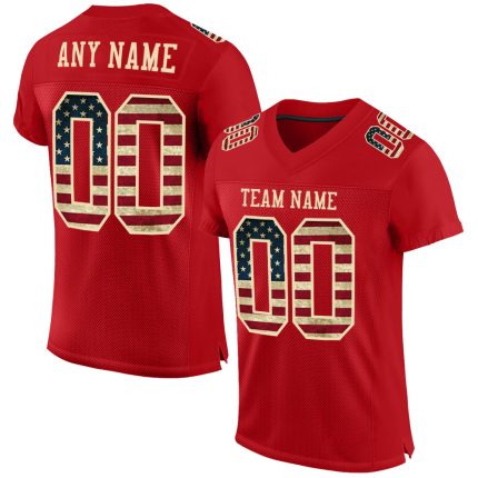 Personalized Red Vintage USA Flag-City Cream Mesh Authentic Football Jersey Team Custom Name and Number