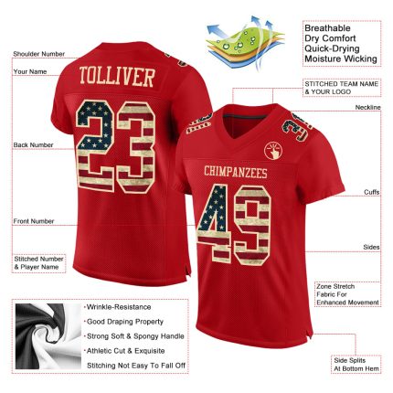 Personalized Red Vintage USA Flag-City Cream Mesh Authentic Football Jersey Team Custom Name and Number