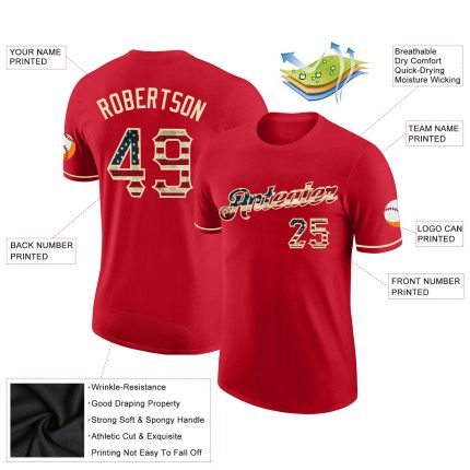 Personalized Red Vintage USA Flag-City Cream Performance T-Shirt Team Custom Name and Number