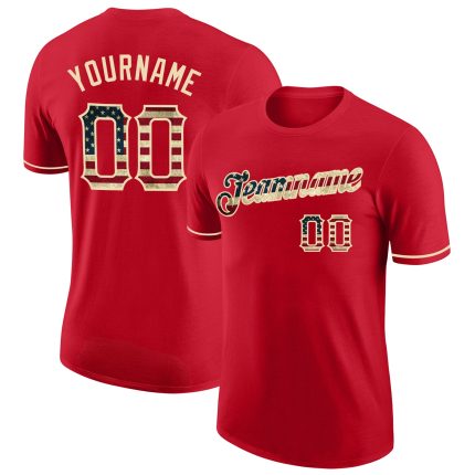 Personalized Red Vintage USA Flag-City Cream Performance T-Shirt Team Custom Name and Number