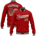 Personalized Red Vintage USA Flag Cream-Black Bomber Full-Snap Varsity Letterman Jacket Team Custom Name and Number