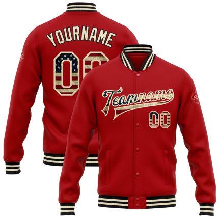 Personalized Red Vintage USA Flag Cream-Black Bomber Full-Snap Varsity Letterman Jacket Team Custom Name and Number