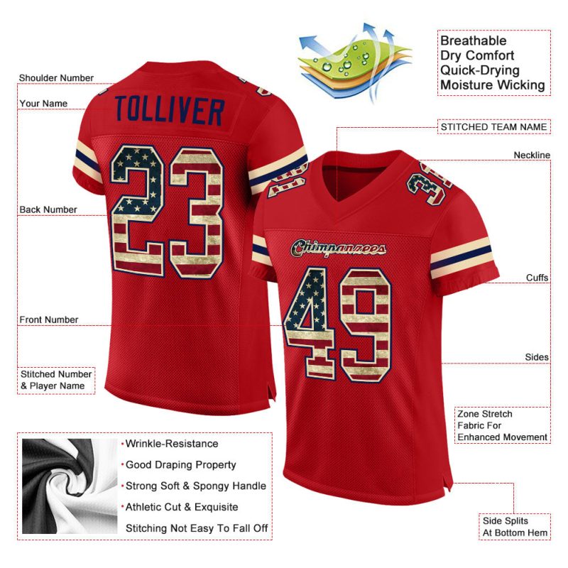 Personalized Red Vintage USA Flag-Cream Mesh Authentic Football Jersey Team Custom Name and Number