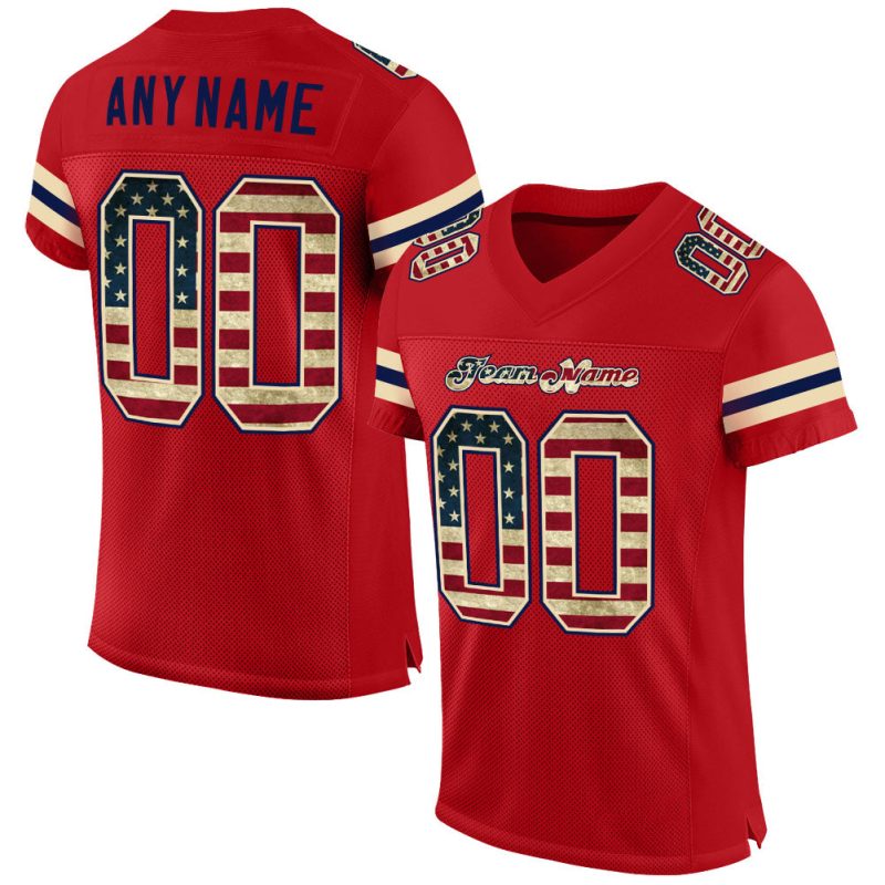 Personalized Red Vintage USA Flag-Cream Mesh Authentic Football Jersey Team Custom Name and Number