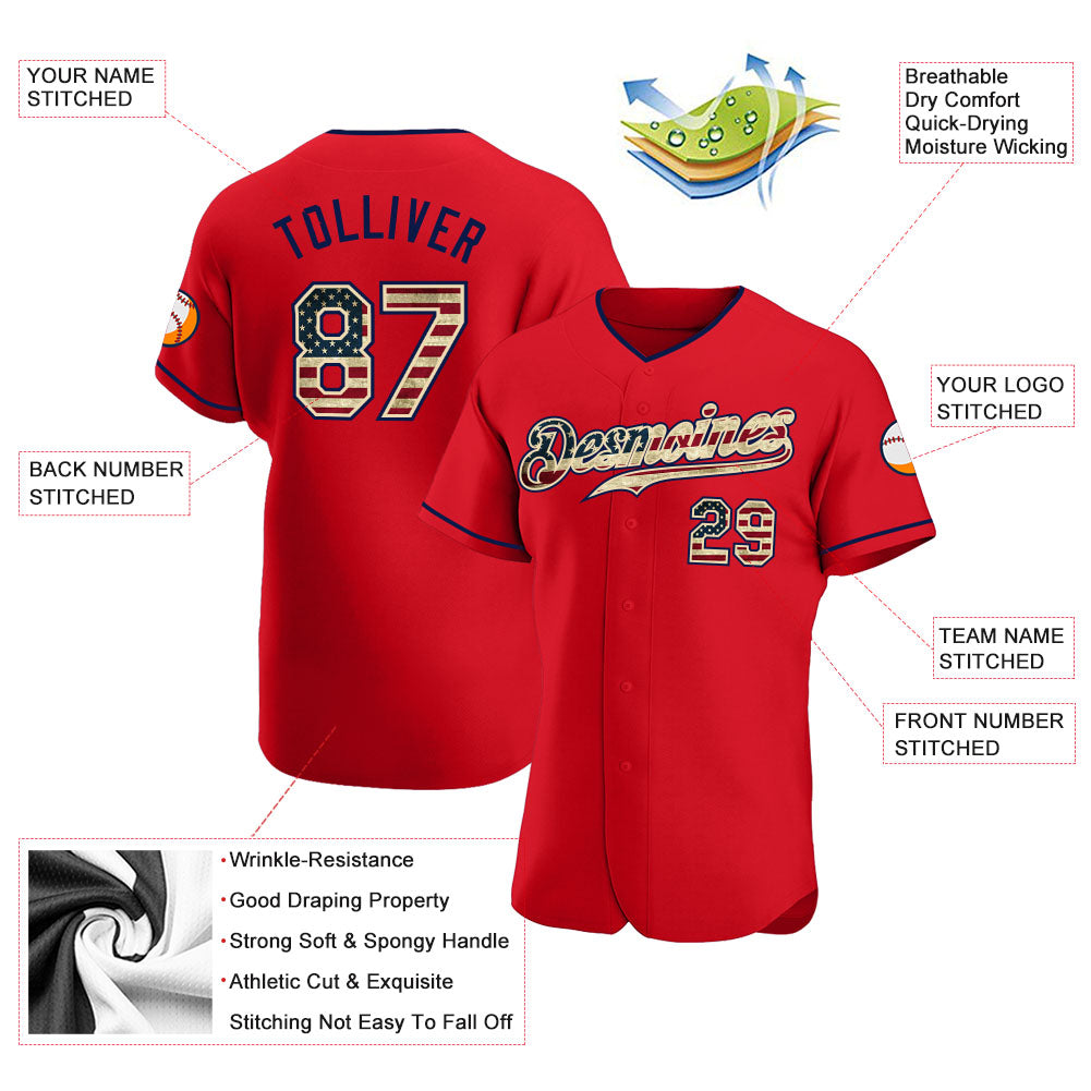 Personalized Red Vintage USA Flag-Navy Authentic Baseball Jersey Team Custom Name and Number Personalized Red Vintage USA Flag-Navy Authentic Baseball Jersey Team Custom Name and Number - Image 3