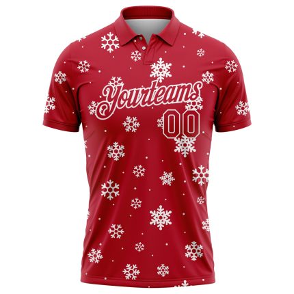 Personalized Red White 3D Christmas Snowflakes Performance Golf Polo Shirt Team Custom Name and Number